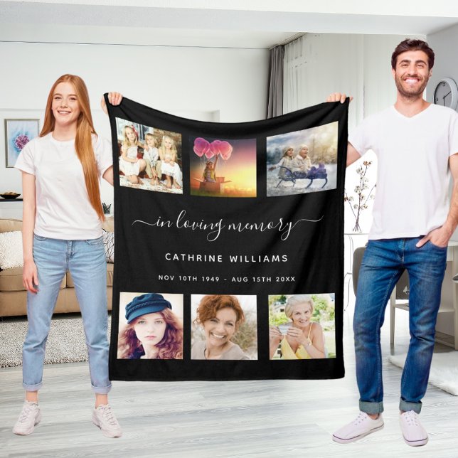 Memorial photo collage black loving memory fleece blanket (Creator Uploaded)