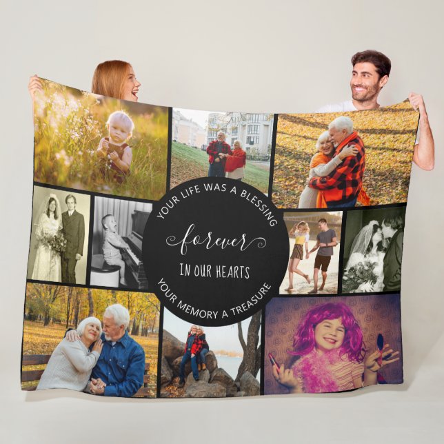 Memorial Photo Collage Forever in our Hearts Black Fleece Blanket (In Situ)