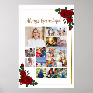 Memorial Photo Collage Red Roses With Golden Frame Poster