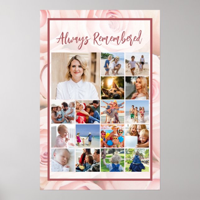 Memorial Photo Collage Soft Pink Roses Poster  (Front)