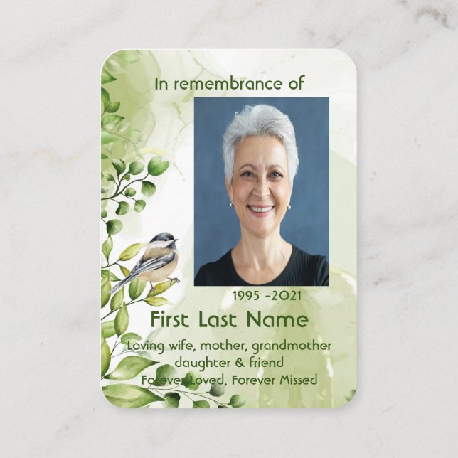 Memorial Photo Custom Chickadee Bird Nature Business Card (Back)