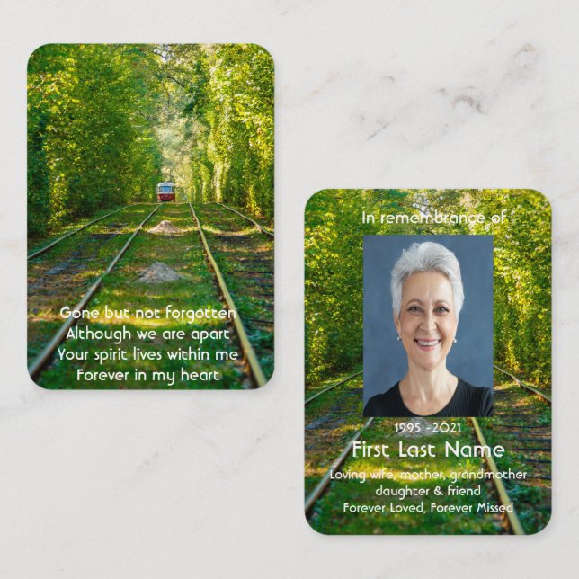 Memorial Photo Custom Train Tram Forest Tracks Business Card (Front/Back)