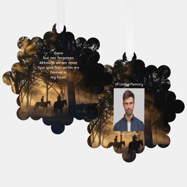  Memorial Photo Forest Trail Walk Horses Ornament Card (Front/Back)