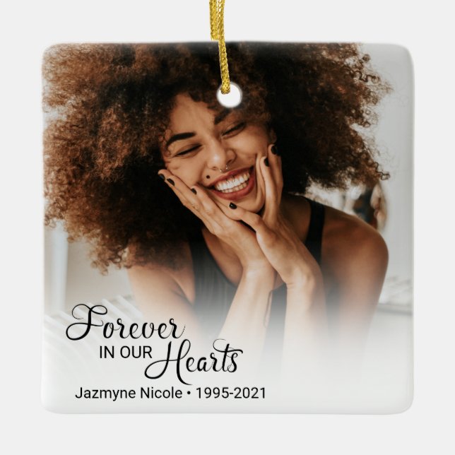 Memorial Photo Forever In Our Hearts Ceramic Ornament (Front)
