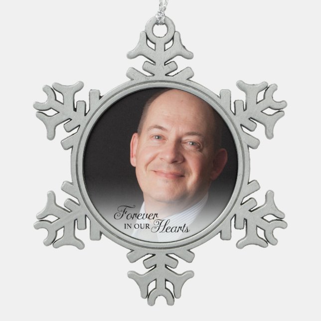 Memorial Photo Forever In Our Hearts Father Snowflake Pewter Christmas Ornament (Front)