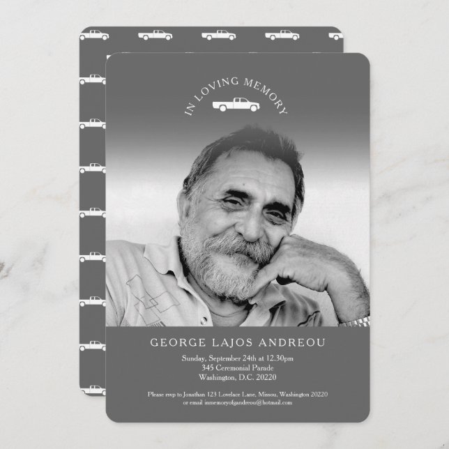 Memorial photo grey truck funeral invitations (Front/Back)