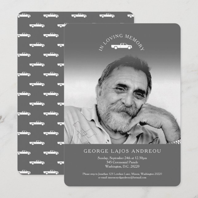 Mémorial photo gris camion invitations funéraires (Devant / Derrière)