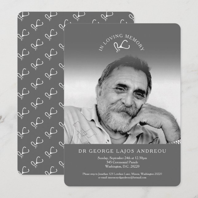 Mémorial photo gris docteur invitations funéraires (Devant / Derrière)