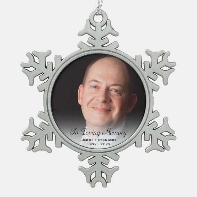 Memorial Photo In Loving Memory Father Snowflake Pewter Christmas Ornament (Front)