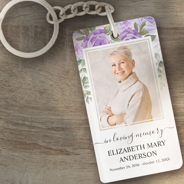 Memorial Photo In Loving Memory Purple Floral Keychain (Creator Uploaded)