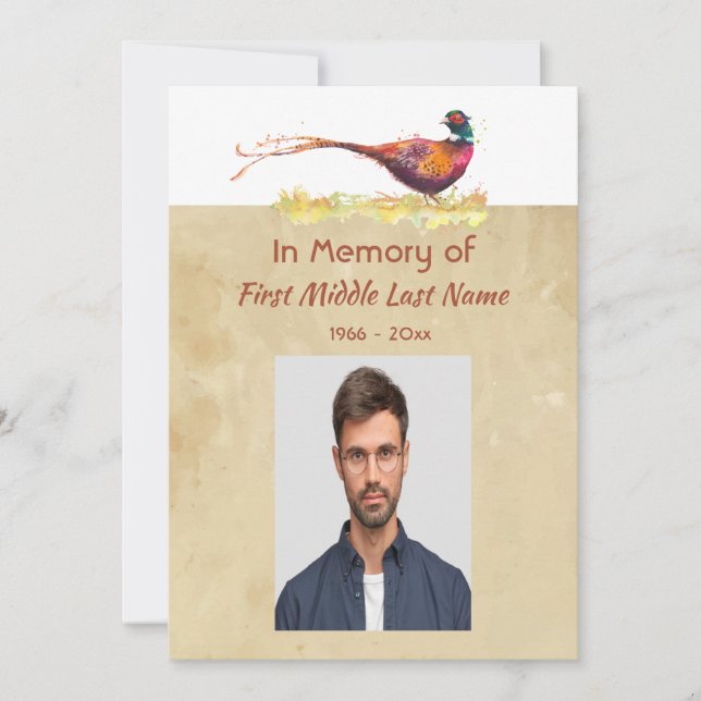 Memorial Photo Invite Watercolor Pheasant Bird (Front)