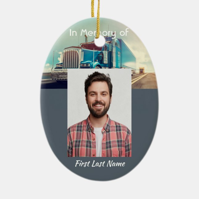 Memorial Photo Keepsake Semi Truck Tractor Trailer Ceramic Ornament (Back)