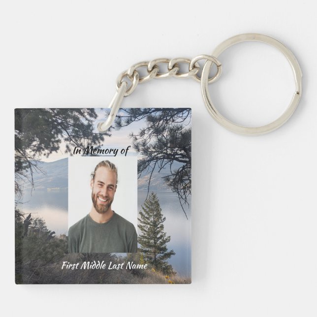  Memorial Photo Lake Mountain Trees Keychain (Back)