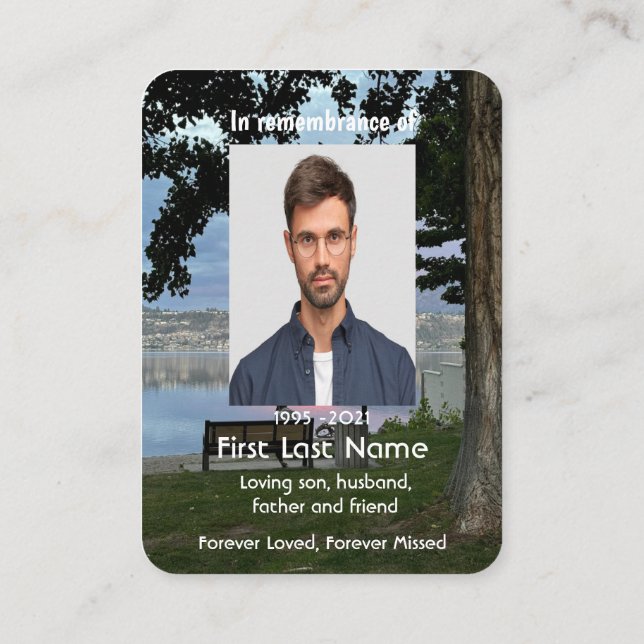 Memorial Photo Lake Park Bench Keepsake Business Card (Back)