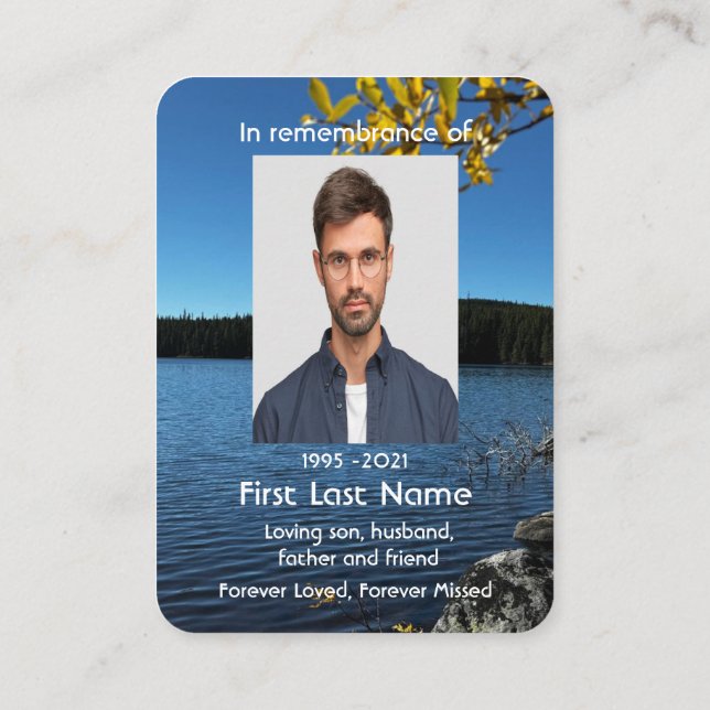 Memorial Photo Lake Trees Pocket Keepsake Business Card (Back)