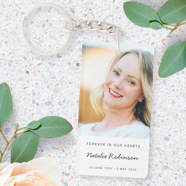 Memorial Photo | Modern Script Funeral Keepsake Keychain (Creator Uploaded)