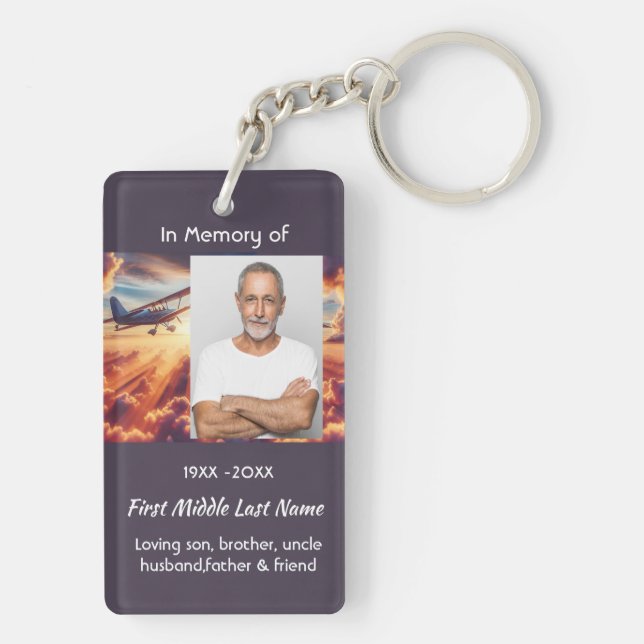 Memorial Photo Pilot Airplane Flying Sunset Keychain (Back)