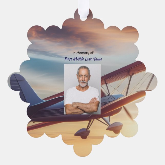 Memorial Photo Pilot Airplane Flying Sunset Ornament Card (Back)