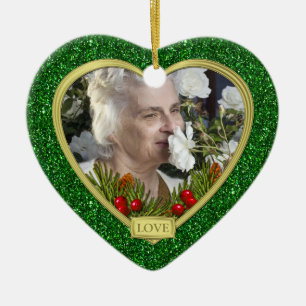 Memorial Photo Pine Boughs Berries Green Christmas Ceramic Ornament