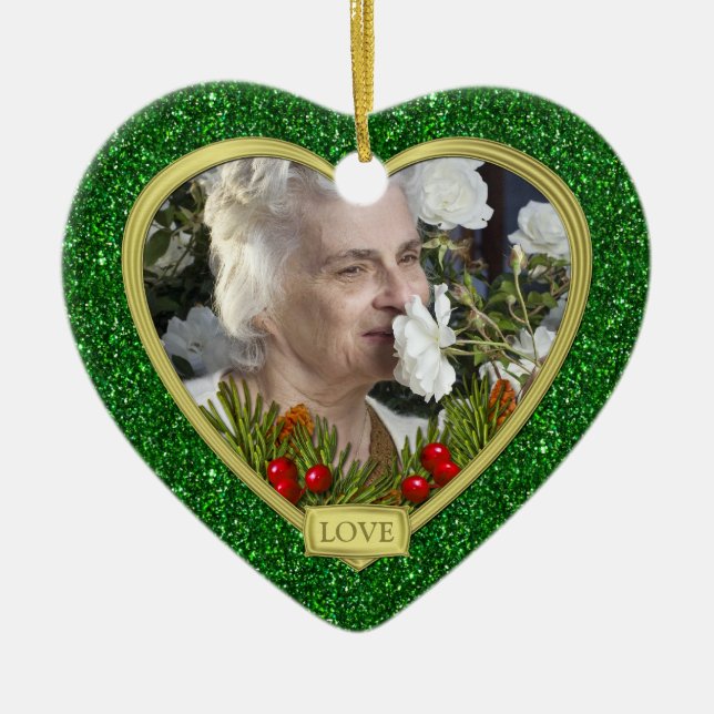 Memorial Photo Pine Boughs Berries Green Christmas Ceramic Ornament (Front)