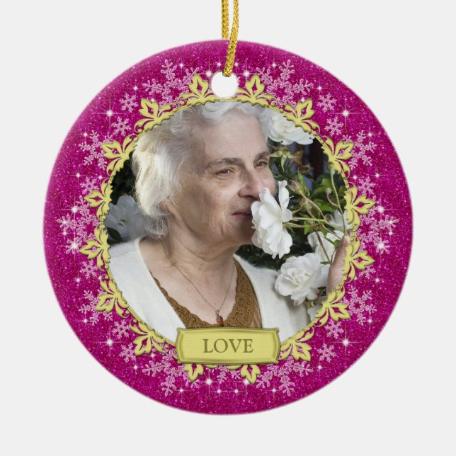 Memorial Photo Pink Snowflakes Christmas Ceramic Ornament (Front)