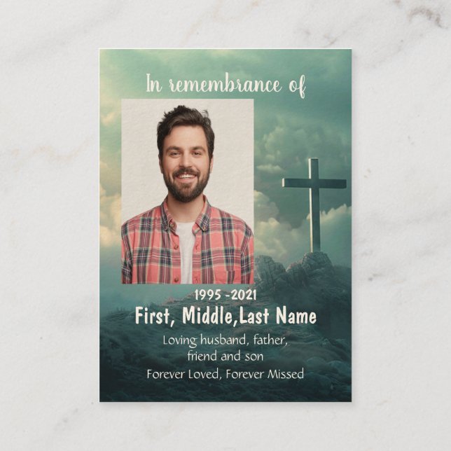 Memorial Photo Prayer Christian Cross Mountain  Business Card (Back)