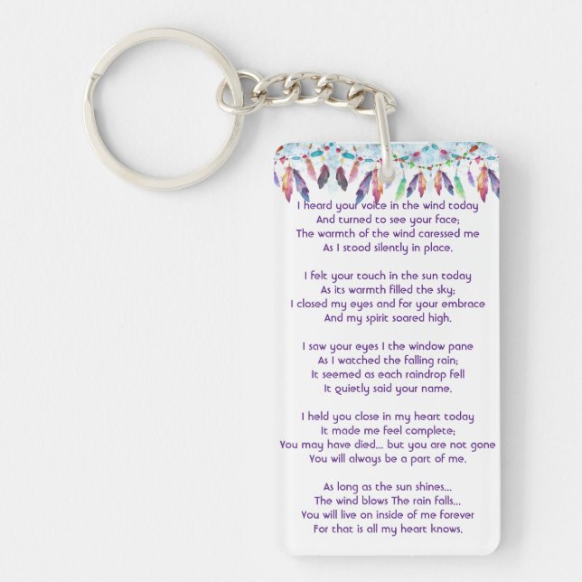 Memorial Photo Prayer Feathers Boho Tribal Native Keychain (Front)