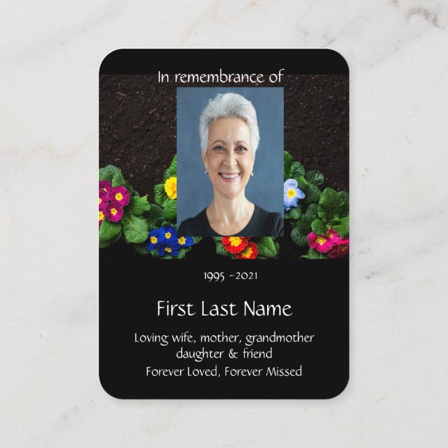 Memorial Photo Prayer Gardener Gardening Primula Business Card (Back)