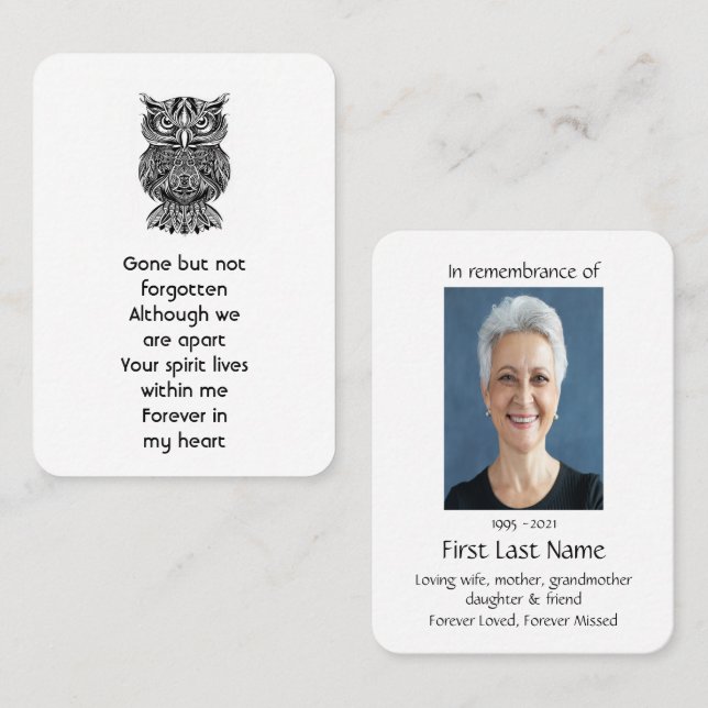 Memorial Photo Prayer Graphic Art Owl Bird Business Card (Front/Back)