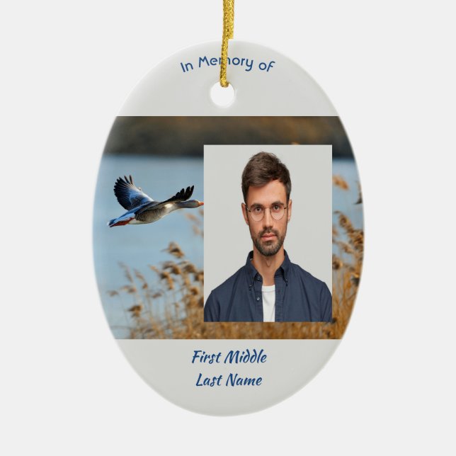 Memorial Photo Prayer Lake Geese Birds Ceramic Ornament (Front)