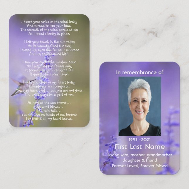 Memorial Photo Prayer Lavender Hummingbird Garden  Business Card (Front/Back)