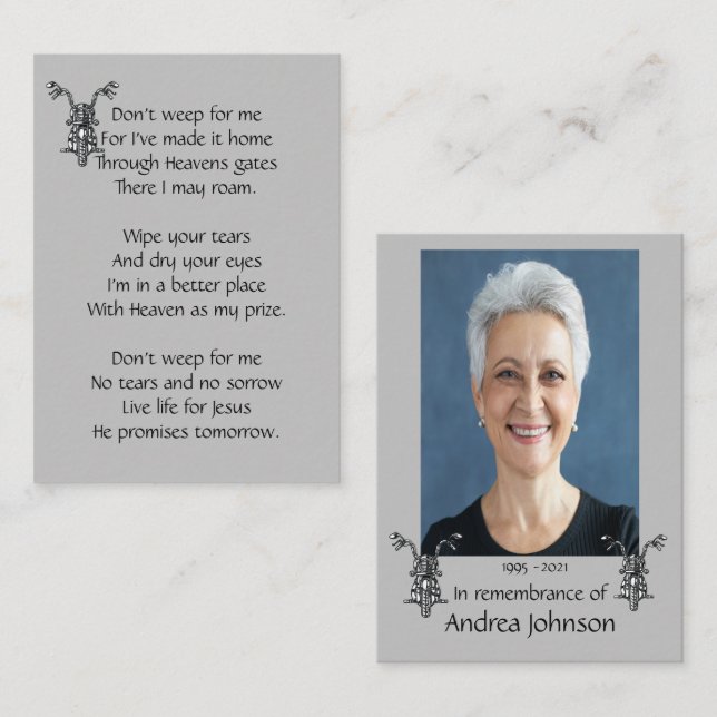 Memorial Photo Prayer Motorcycle Biker Christian B Business Card (Front/Back)