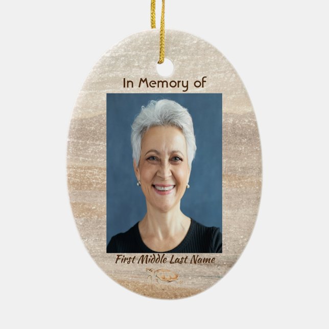 Memorial Photo Prayer Sandy Beach Sea Turtle  Ceramic Ornament (Back)