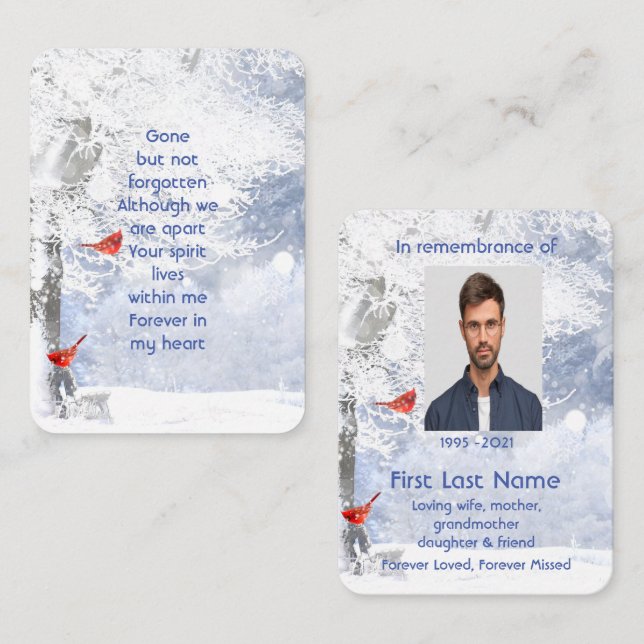 Memorial Photo Prayer Winter Forest Cardinal Birds Business Card (Front/Back)