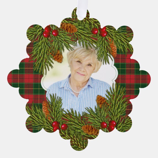 Memorial Photo Tartan Plaid Pine Boughs Christmas Ornament Card (Front)