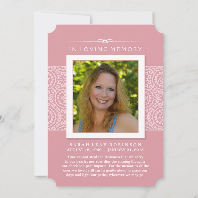 Memorial Photo Thank You Card- Elegant Pink Announcement (Front)