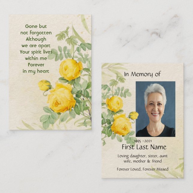 Memorial Photo  Yellow Roses Garden Flowers Business Card (Front/Back)