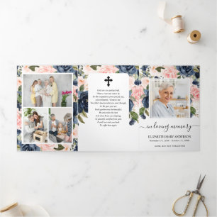 Memorial Pink Navy Watercolor Floral Funeral Tri-Fold Programme