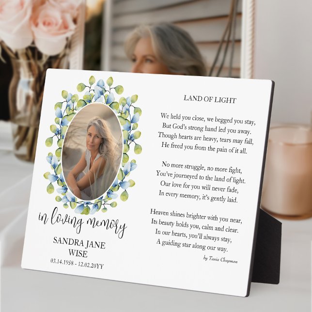Memorial Plaque Remembrance Poem and Photo Display (Memorial plaque with photo framed with greenery by Darling & May)