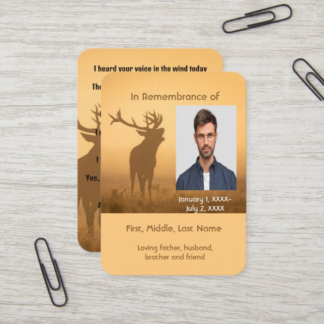 Memorial Pocket Card Hunter Hunting Stag Deer (Front/Back In Situ)