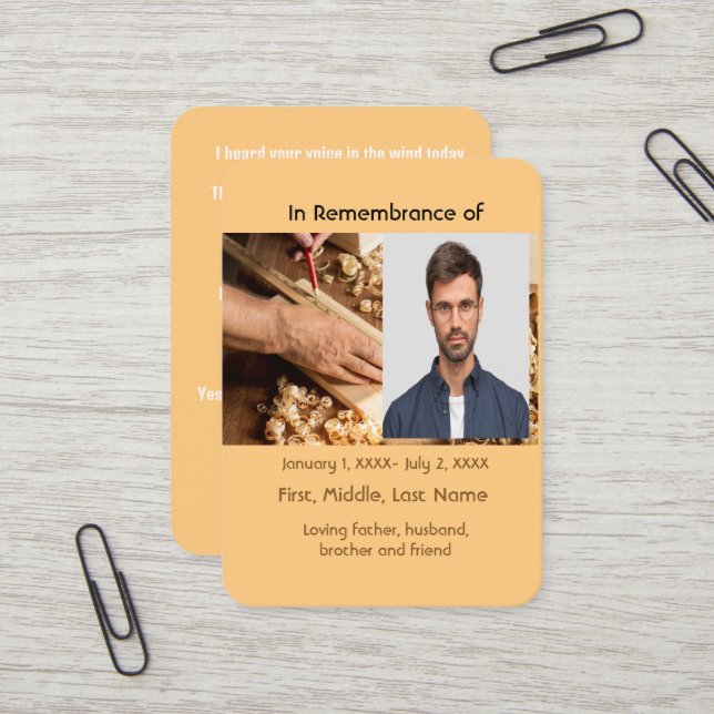 Memorial Pocket Card Woodworking Carpentry (Front/Back In Situ)