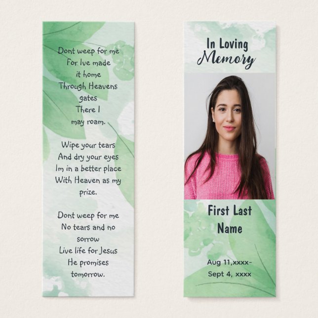 Memorial Prayer Card Funeral Nature Bookmark (Front & Back)
