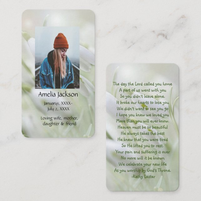 Memorial Prayer Card  Snowdrops Garden Flowers (Front/Back)