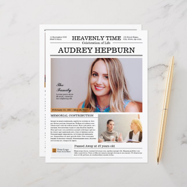 Memorial Program Newspaper Template (Front/Back In Situ)