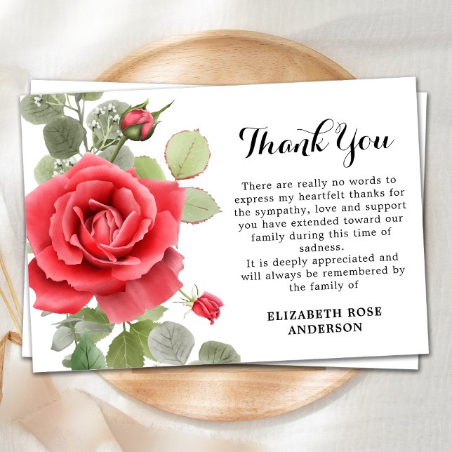 Memorial Red Rose Floral Sympathy Funeral Thank You Card (Creator Uploaded)