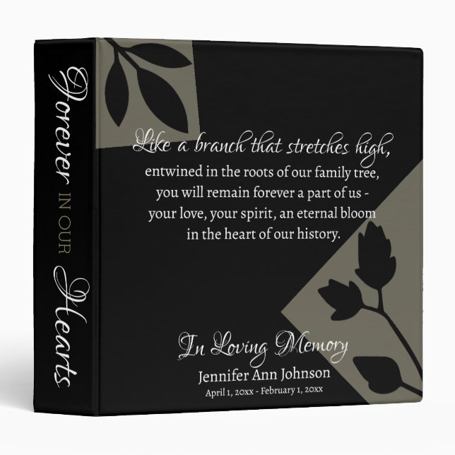 Memorial Remembrance Modern Leaf Black Quote Name Binder (Front/Spine)