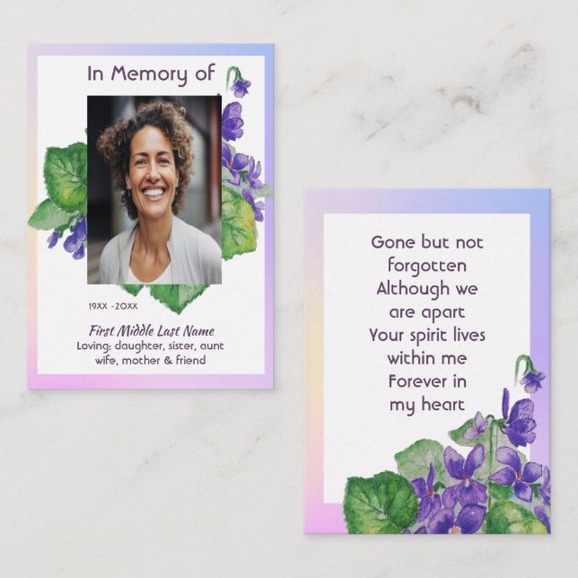 Memorial Remembrance Watercolor Wild Violet Business Card (Front/Back)