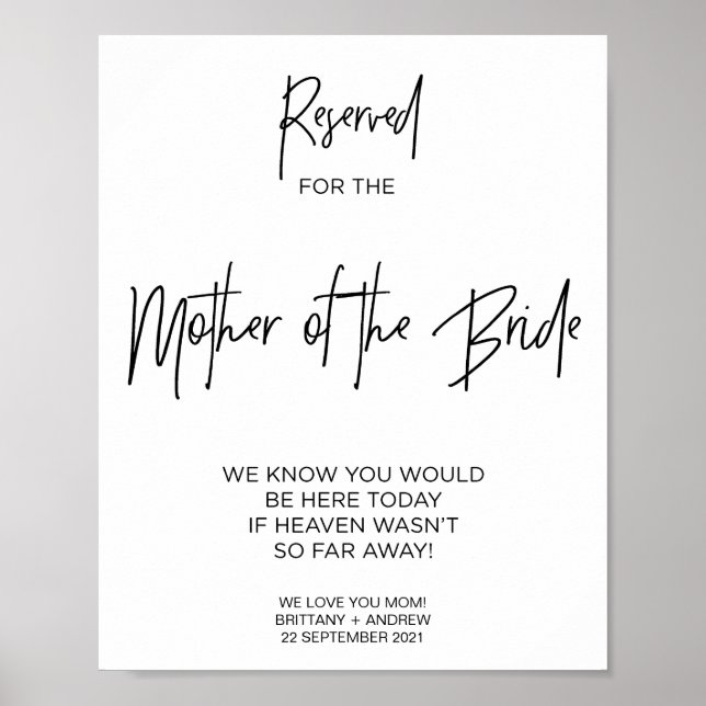 Memorial Reserved for Mother of the Bride Wedding Poster (Front)