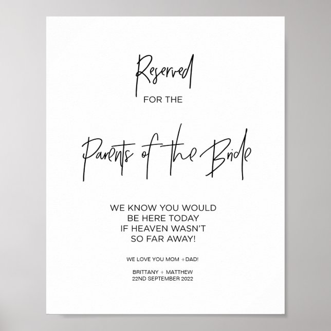 Memorial Reserved Parents of Bride Loving Memory Poster (Front)