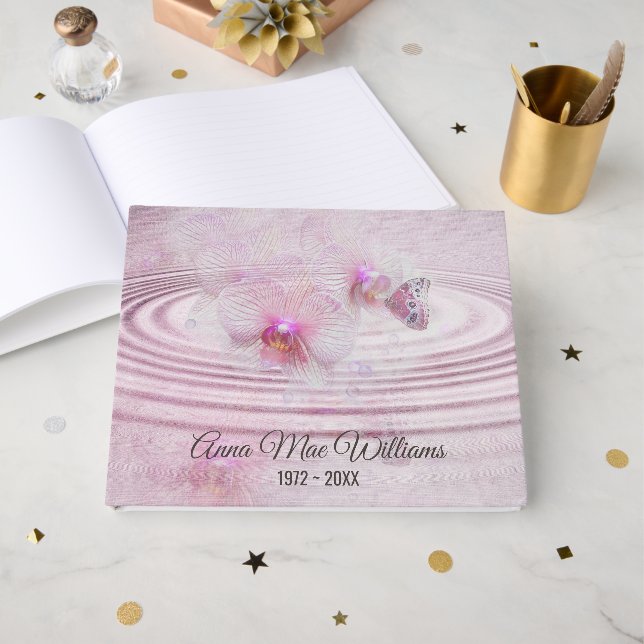 Memorial Service Butterfly on Pink Orchid  Guest Book (Front Open)